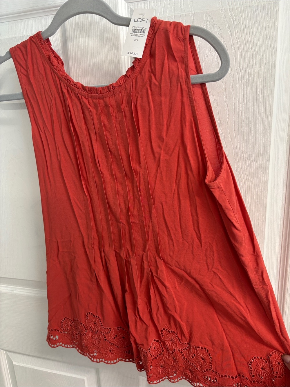 LOFT Coral-Red Sleeveless Eyelet Hem Pleated Tank